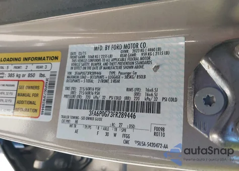 2015 Ford Fusion S z USA, uszkodzony, nr VIN 3FA6P0G73FR289446